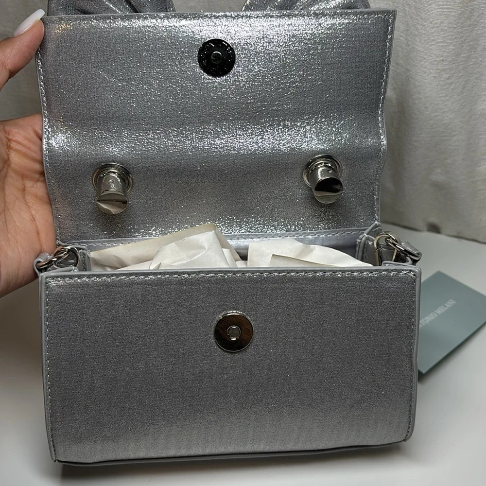 Antonio Melani Metallic Bow Top Handle Satchel Bag In Silver | NWT